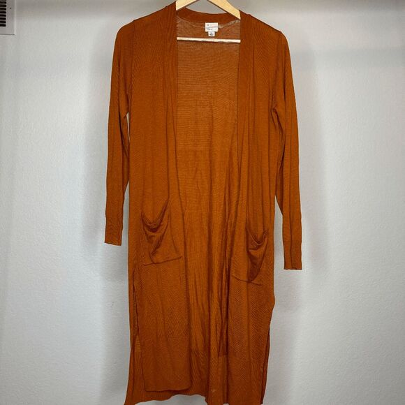 A New Day Orange Duster Cardigan Long Sleeve Open Front Pockets Knit Small - Picture 2 of 8